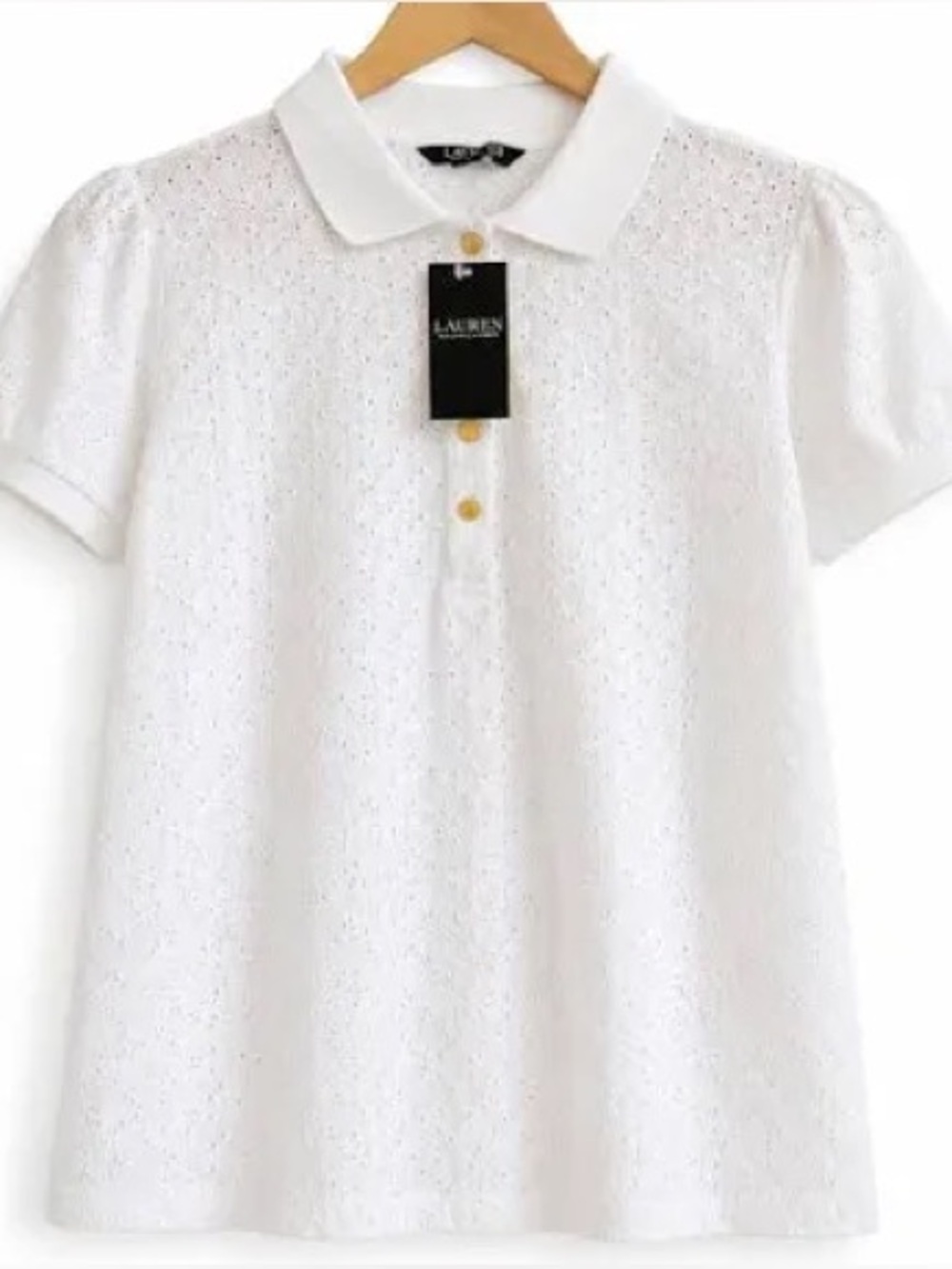 Ralph Lauren White Eyelet Polo with Gold Buttons